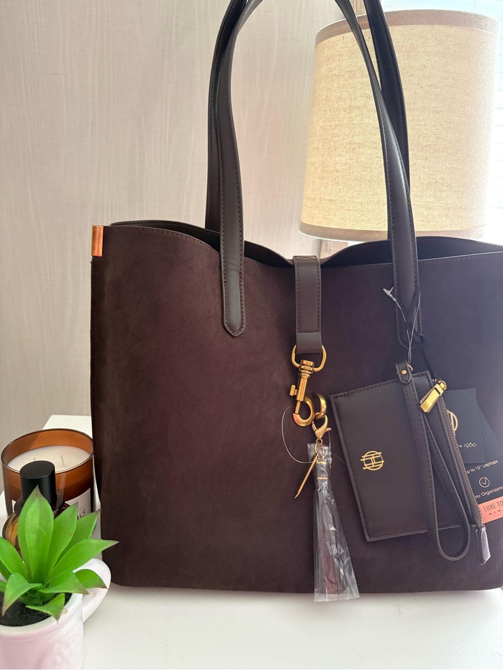 House of Harlow 1960 Dark Brown Suede Tote with Gold Hardware